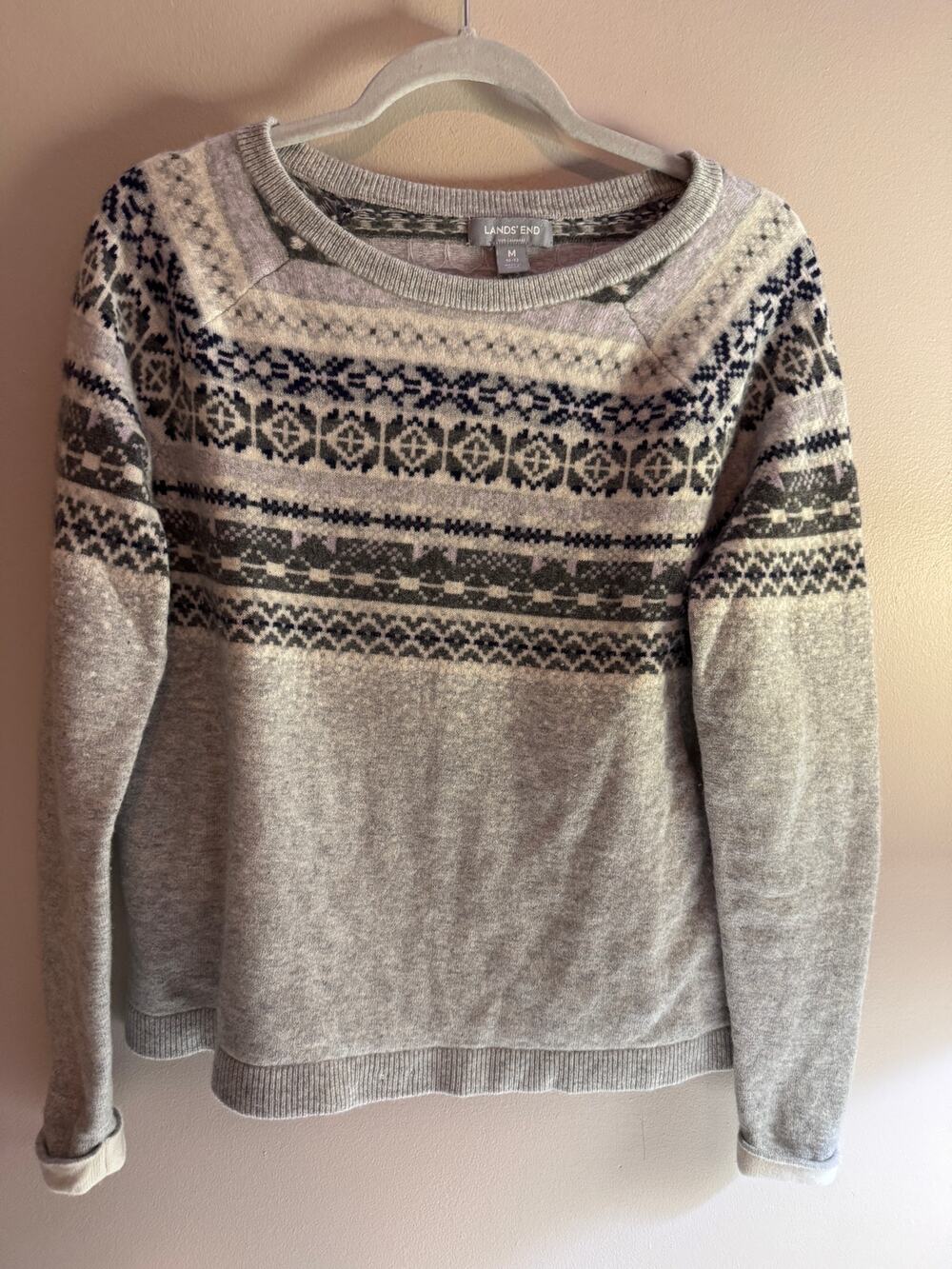 Lands' End Women's M Fair Isle Nordic Wool Blend Sweater Gray Ivory